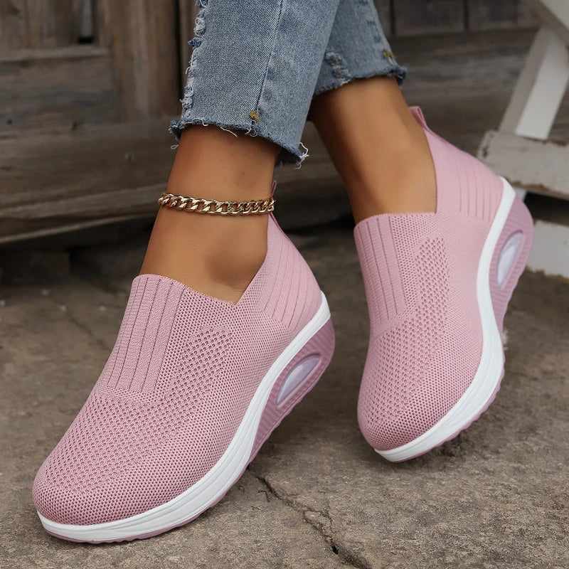 Women's Slip-On Platform Sneakers - Knit Wedge Walking Shoes for Casual Wear