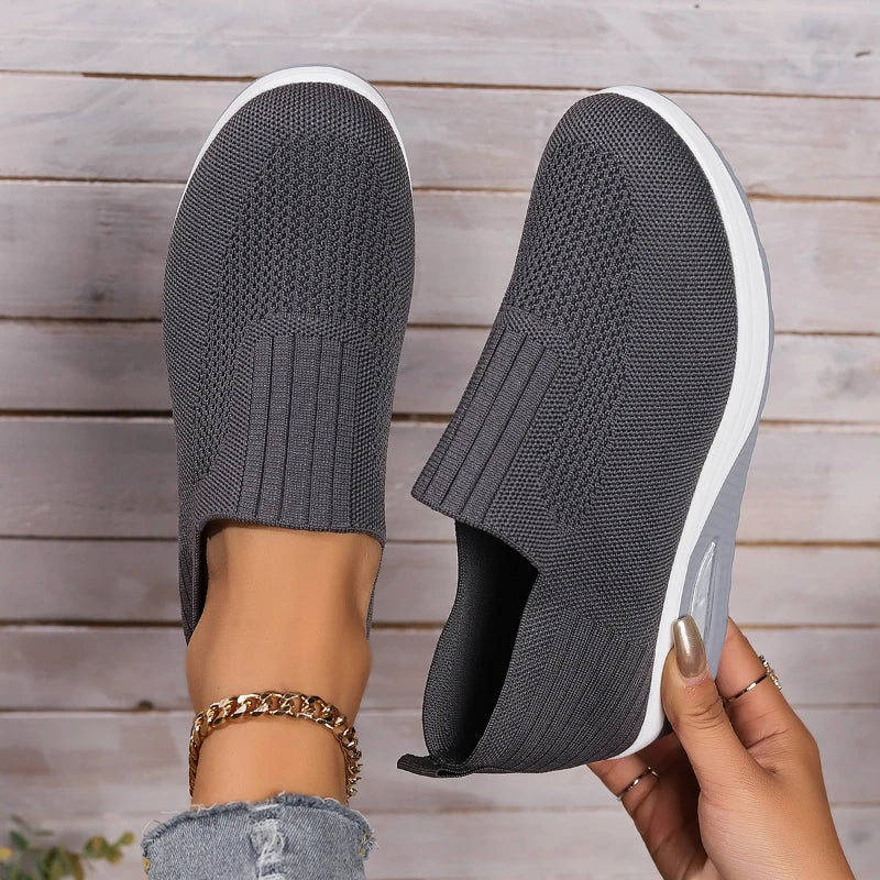 Women's Slip-On Platform Sneakers - Knit Wedge Walking Shoes for Casual Wear