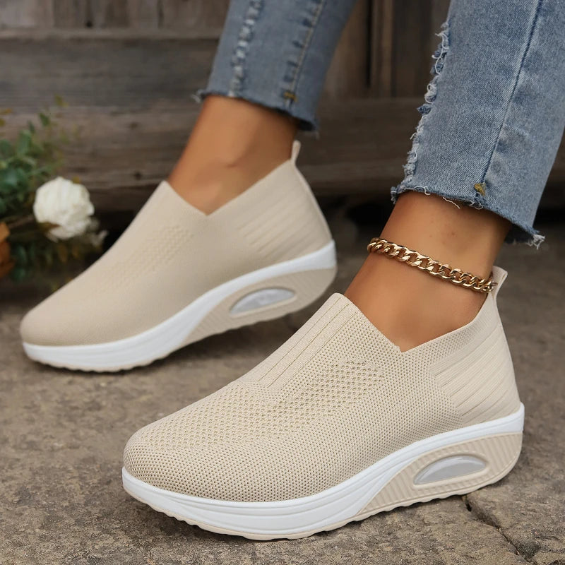 Women's Slip-On Platform Sneakers - Knit Wedge Walking Shoes for Casual Wear