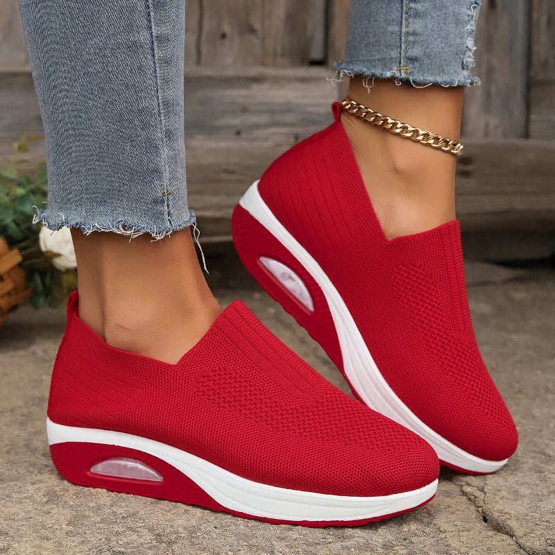 Women's Slip-On Platform Sneakers - Knit Wedge Walking Shoes for Casual Wear