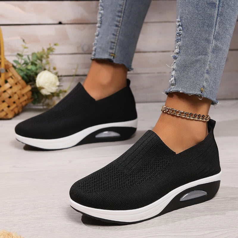 Women's Slip-On Platform Sneakers - Knit Wedge Walking Shoes for Casual Wear