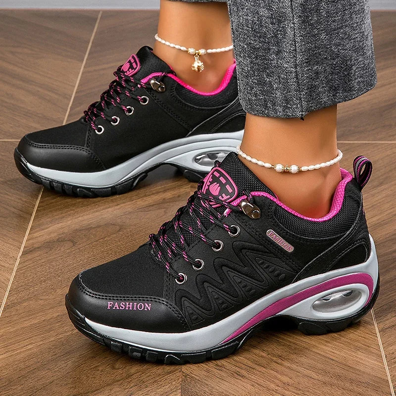 Women's Platform Leather Sneakers - Waterproof Outdoor Hiking & Walking Shoes