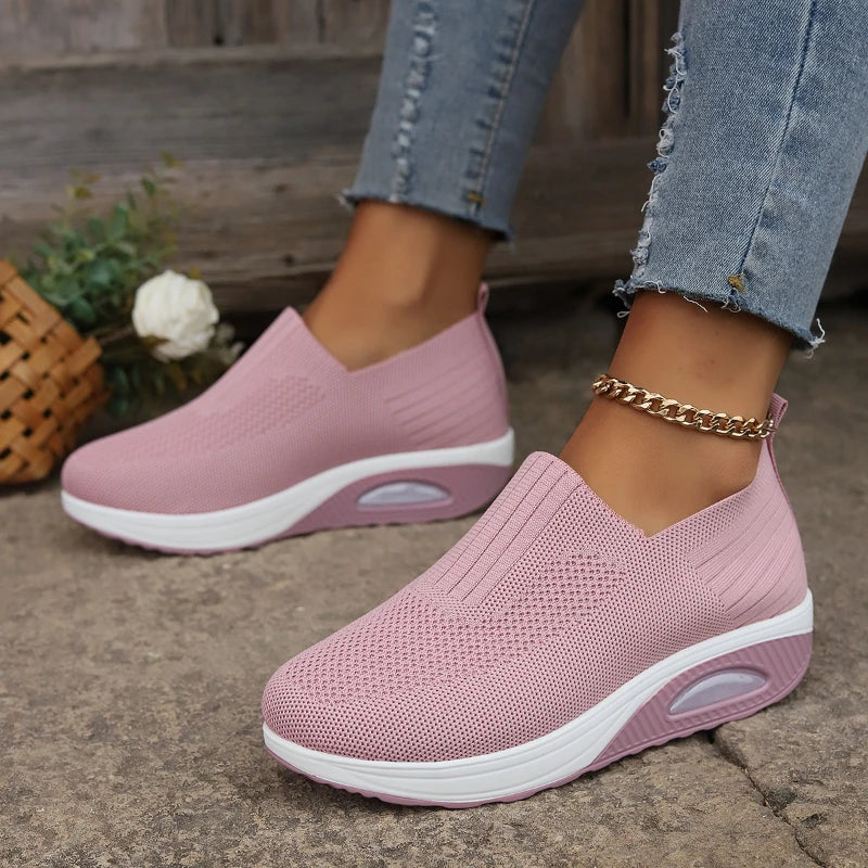 Women's Slip-On Platform Sneakers - Knit Wedge Walking Shoes for Casual Wear